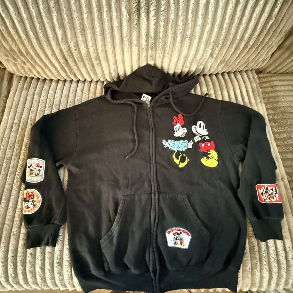 Disney Mickey Minnie Patch Zip Hoodie Black Unisex Adult M